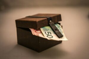 Closeup shot of the Israeli Shekel bills in the leather chest